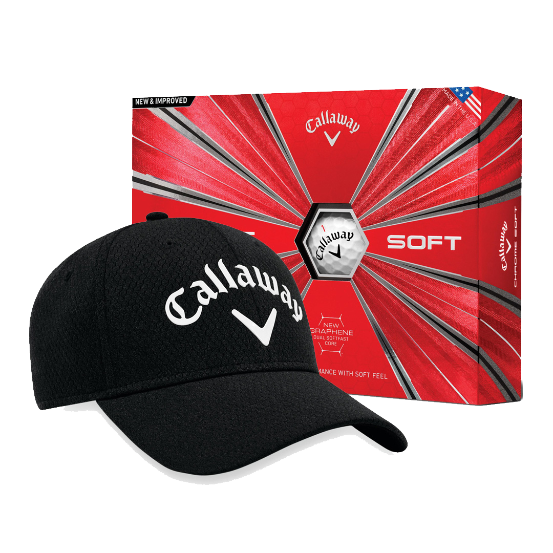 Performance Structured Adjustable Hat (Black) & Chrome Soft White Golf Balls (One Dozen) by Callaway